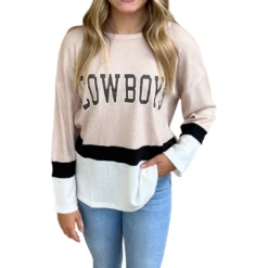 Wyoming Cowboys Women’s Block Tee L/S – Stone/Black/White